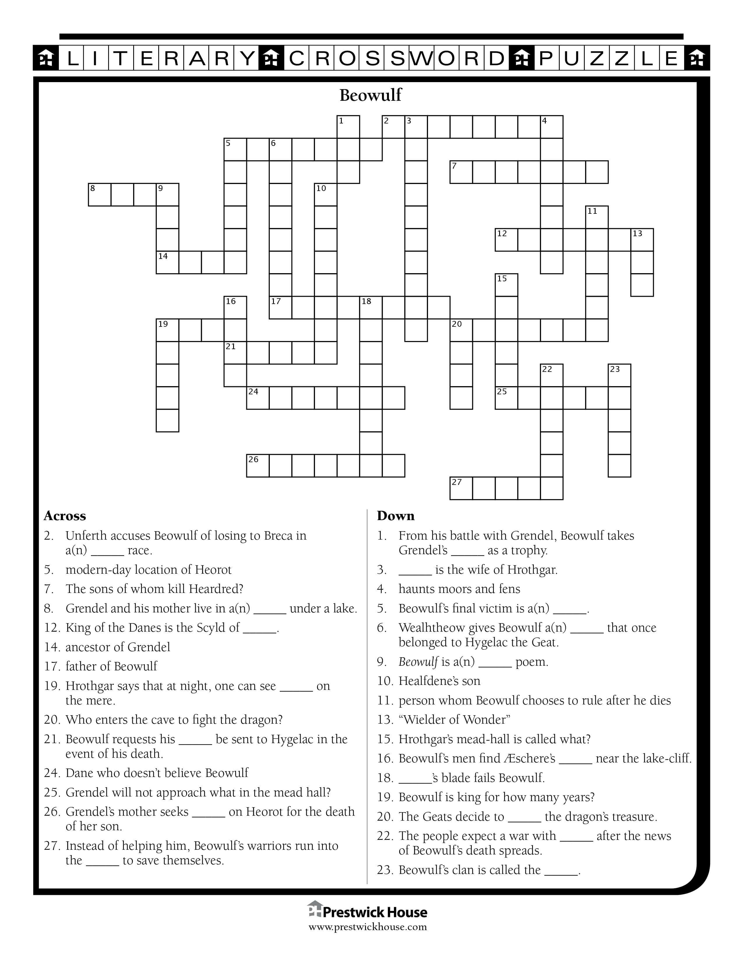 English Teacher&amp;#039;s Free Library | Prestwick House - Printable Literature Crossword Puzzles