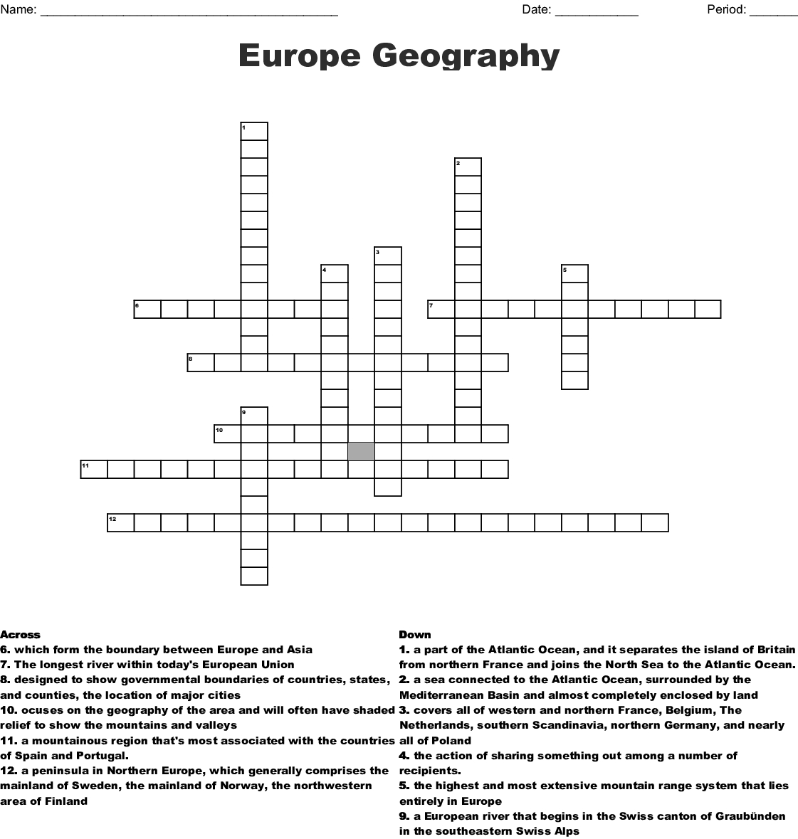 Europe Geography Crossword - Wordmint - Printable Geography Crossword