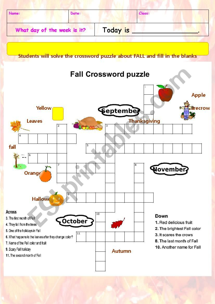 Fall Crossword Puzzle - Esl Worksheettchen_Anastassia - Fall Crossword Puzzle Printable