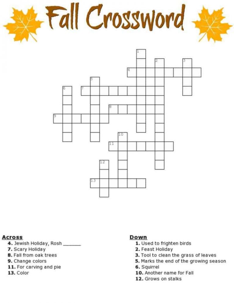 Fall Crossword Puzzle Free Printable Worksheet Fall Crossword Puzzle