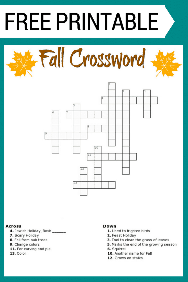 Fall Crossword Puzzle Free Printable Worksheet - First Grade Crossword Puzzles Printable