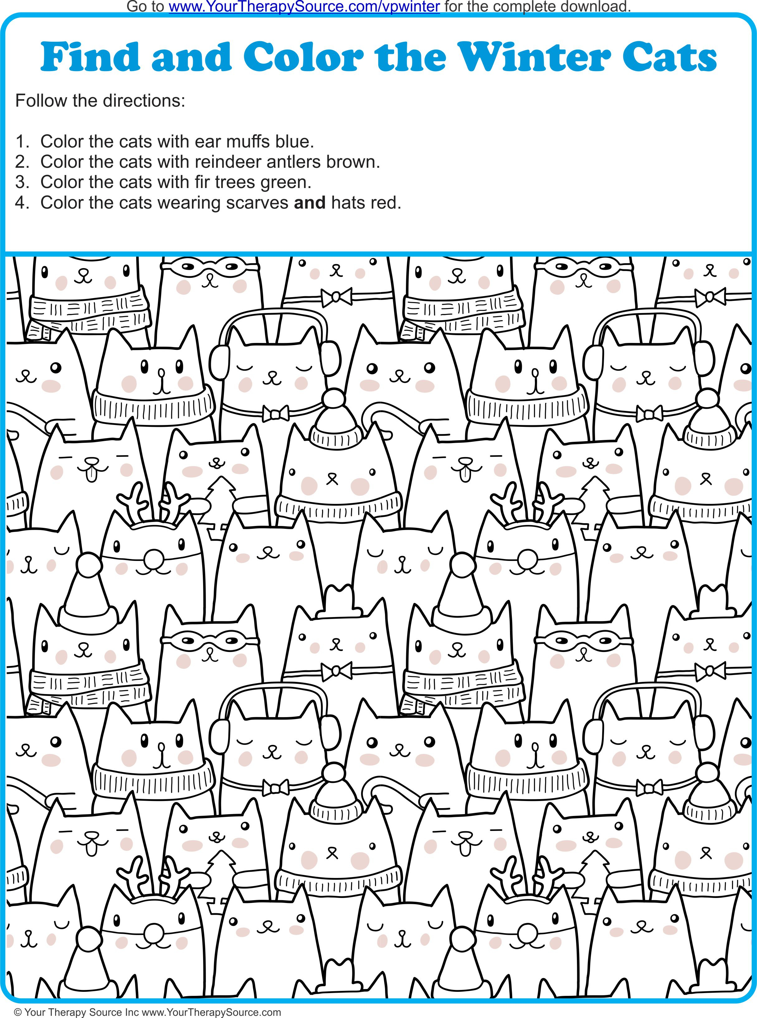 Find And Color The Winter Cats - Your Therapy Source - Printable Puzzles Winter