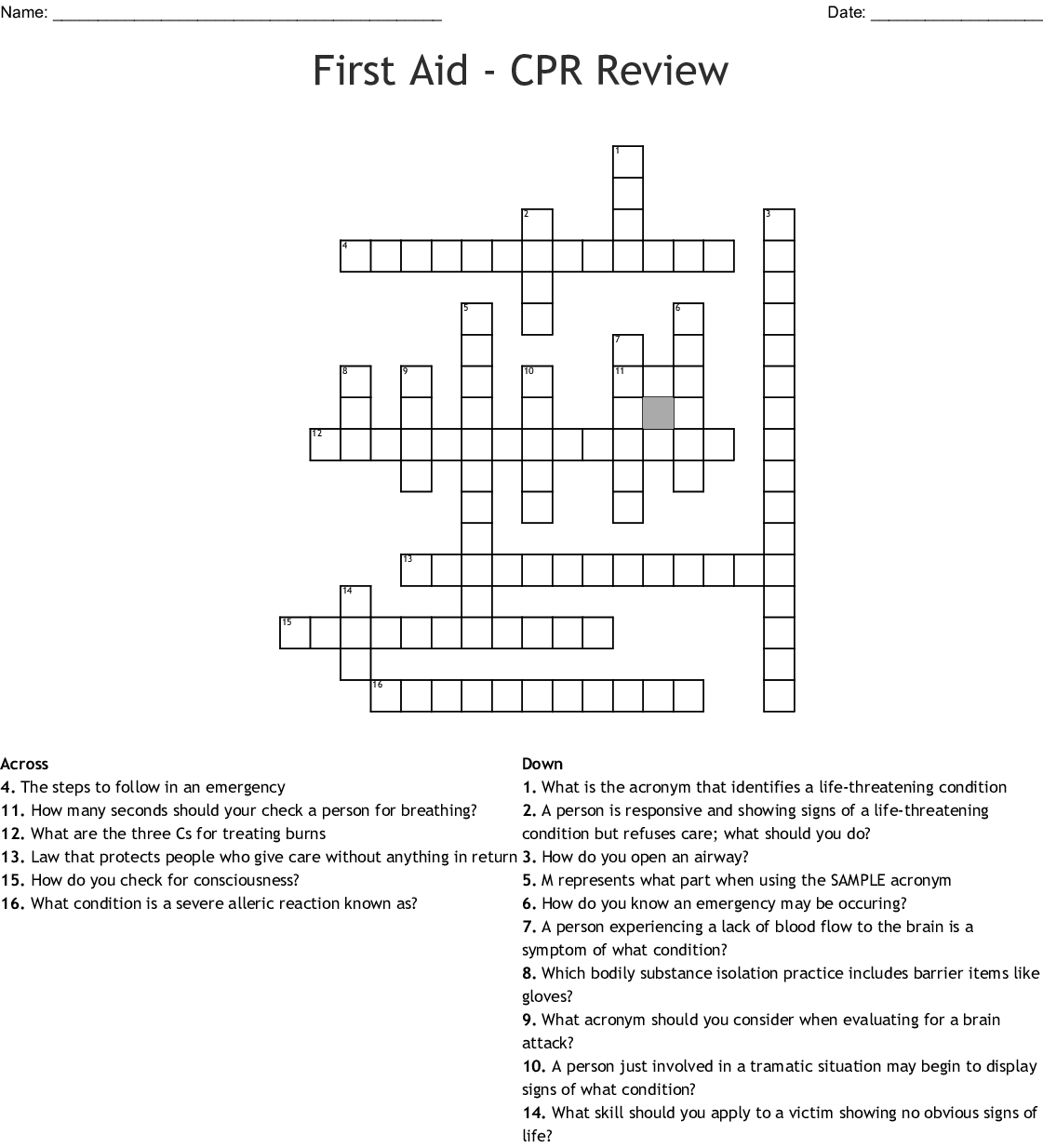 First Aid - Cpr Review Crossword - Wordmint - Printable Crossword Puzzle First Aid