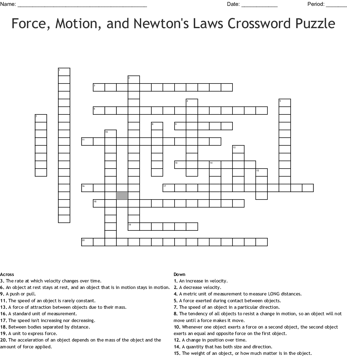 Force, Motion, And Newton&amp;#039;s Laws Crossword Puzzle Crossword - Wordmint - Physics Crossword Puzzles Printable With Answers