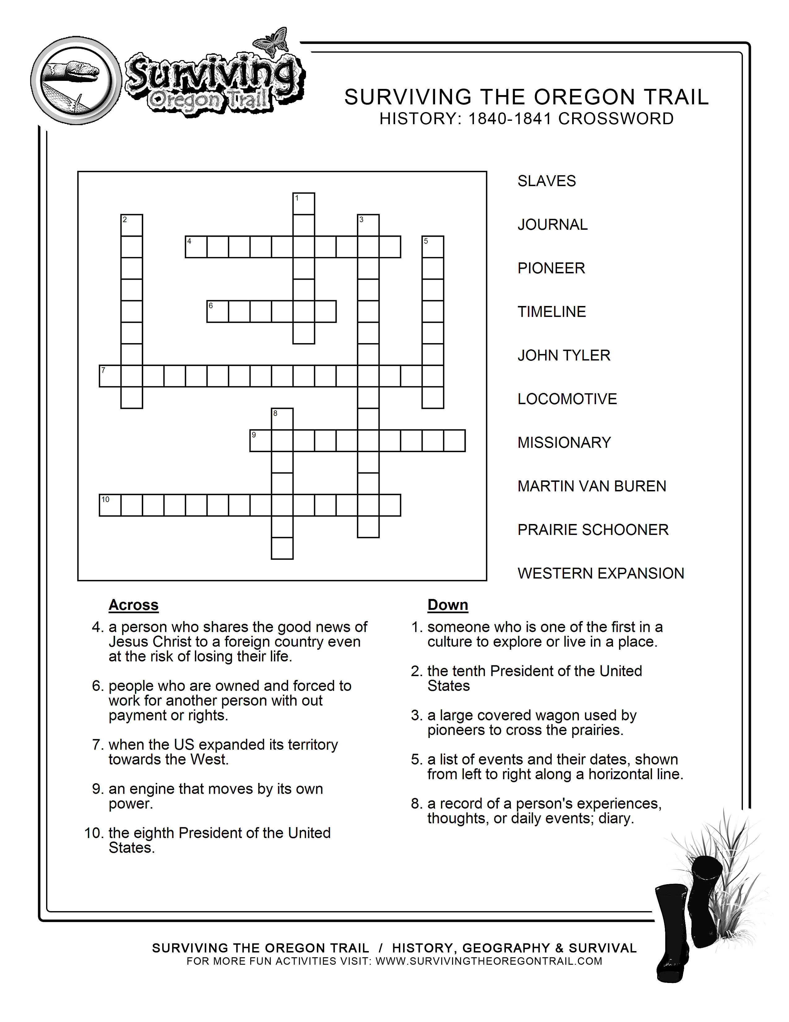 Free Crosswords Puzzle – History 1840-41 (A) – Surviving The Oregon - Crossword Puzzle Printable 6Th Grade