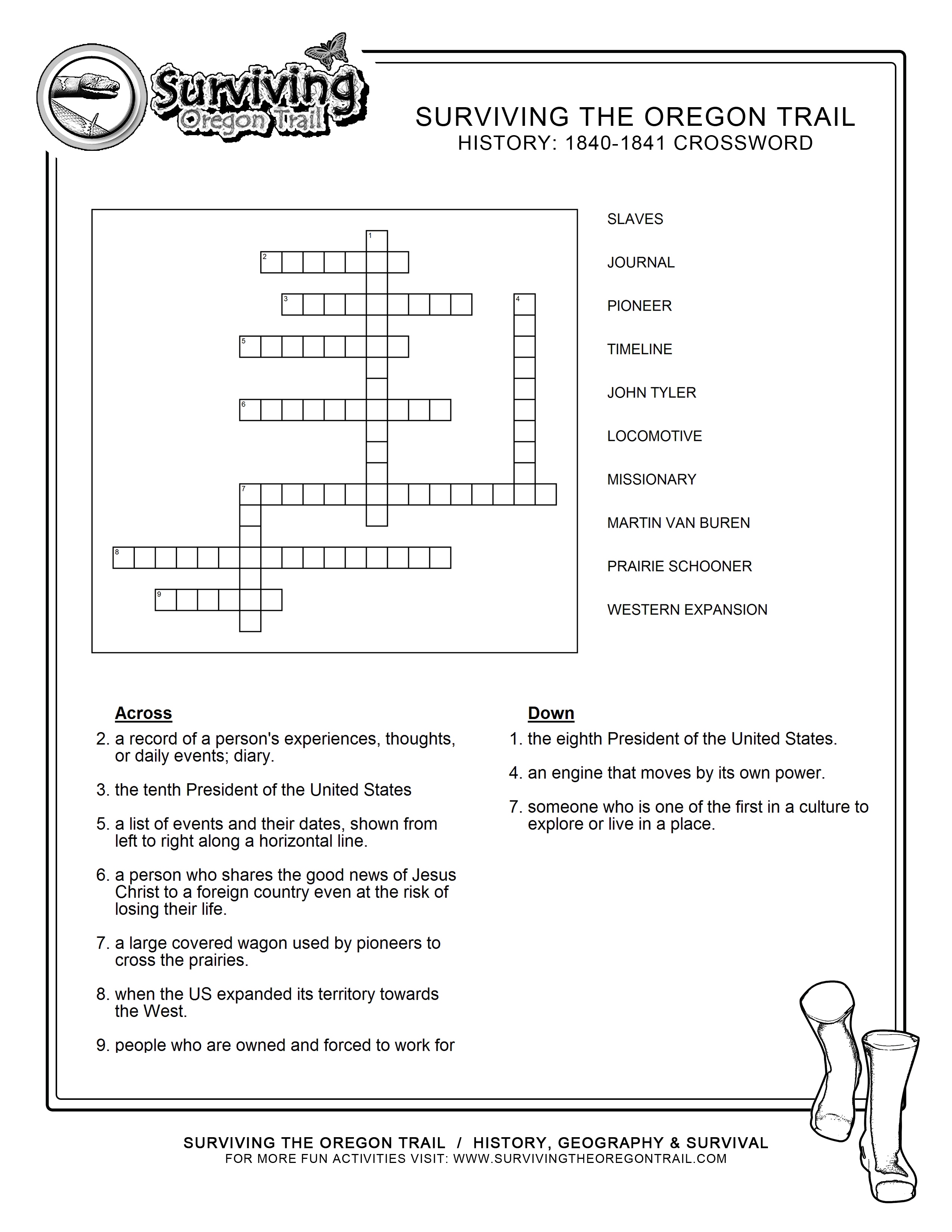 Free Crosswords Puzzle – History 1840-41 (B) – Surviving The Oregon - Printable History Crossword Puzzles