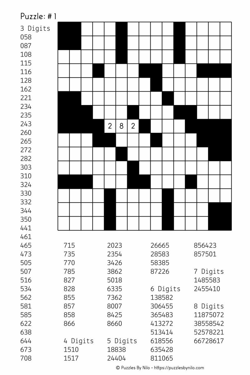 Free Downloadable Number Fill In Puzzle - # 001 - Get Yours Now - Number Crossword Puzzles Printable