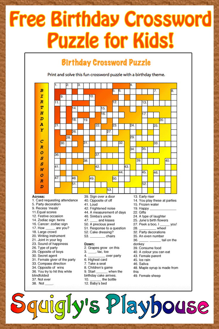 Free Printable Crossword Puzzle For Kids. The Theme Of This Puzzle - Birthday Crossword Puzzle Printable