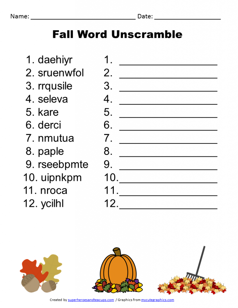 Free Printable - Fall Word Unscramble | Games For Senior Adults - Free Printable Unscramble Puzzles