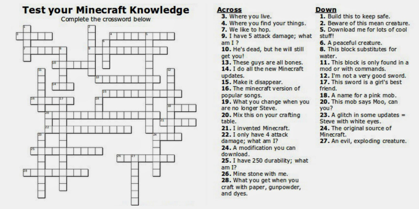 Free Printable Minecraft Crossword Search: Test Your Minecraft - Teenage Crossword Puzzles Printable Free