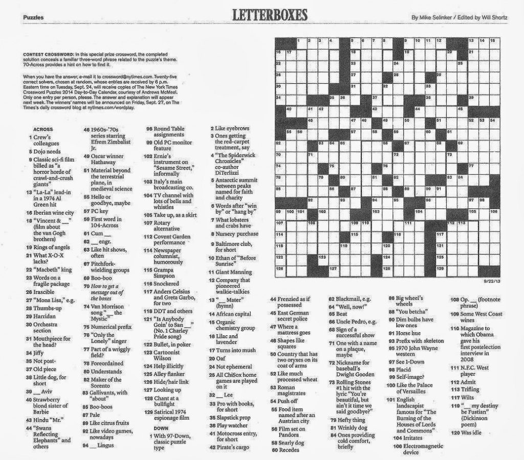 free printable new york times crossword puzzles