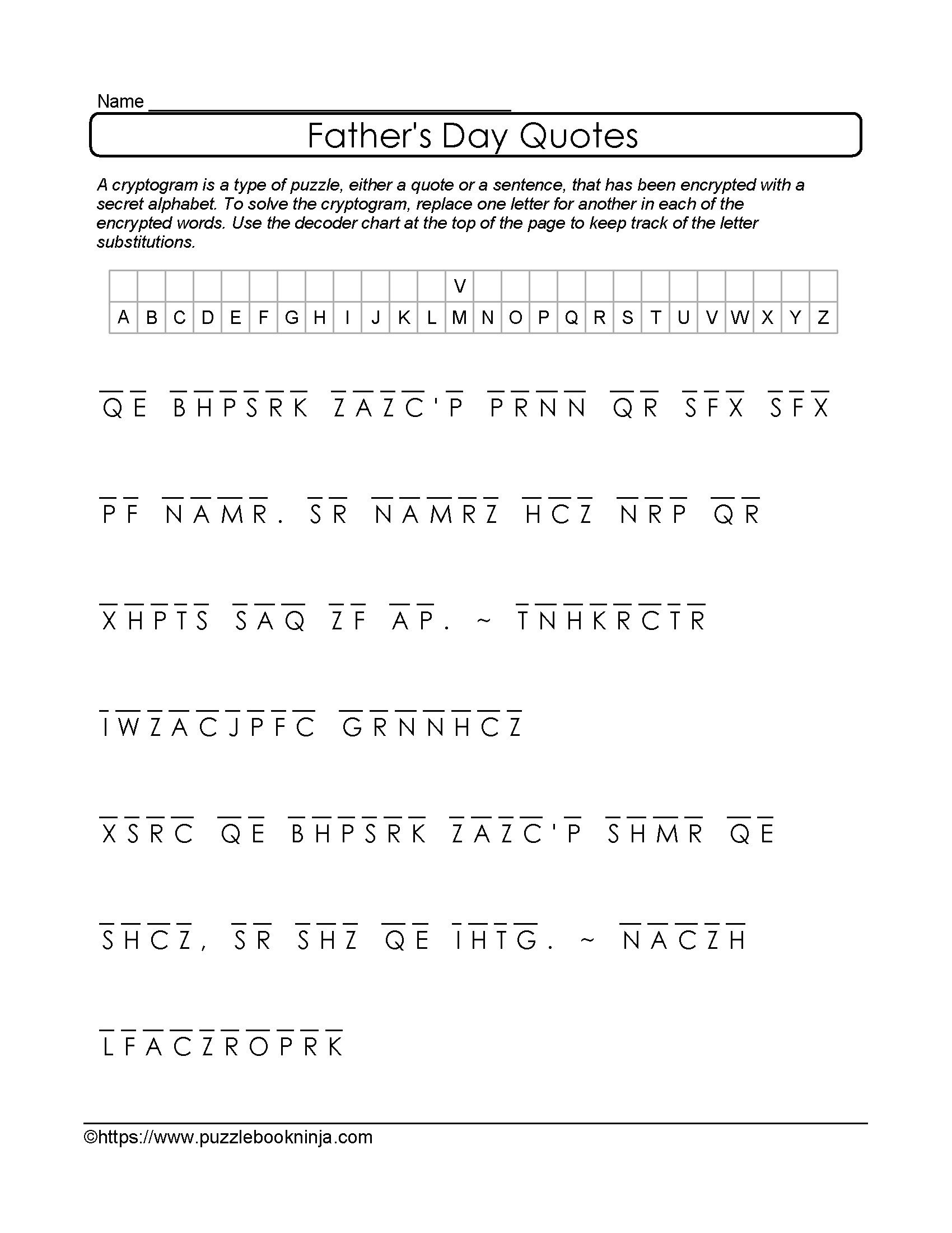 Freebie And Printable Father&amp;#039;s Day Cryptogram Quotes. Brain Teaser - Printable Puzzles Cryptograms