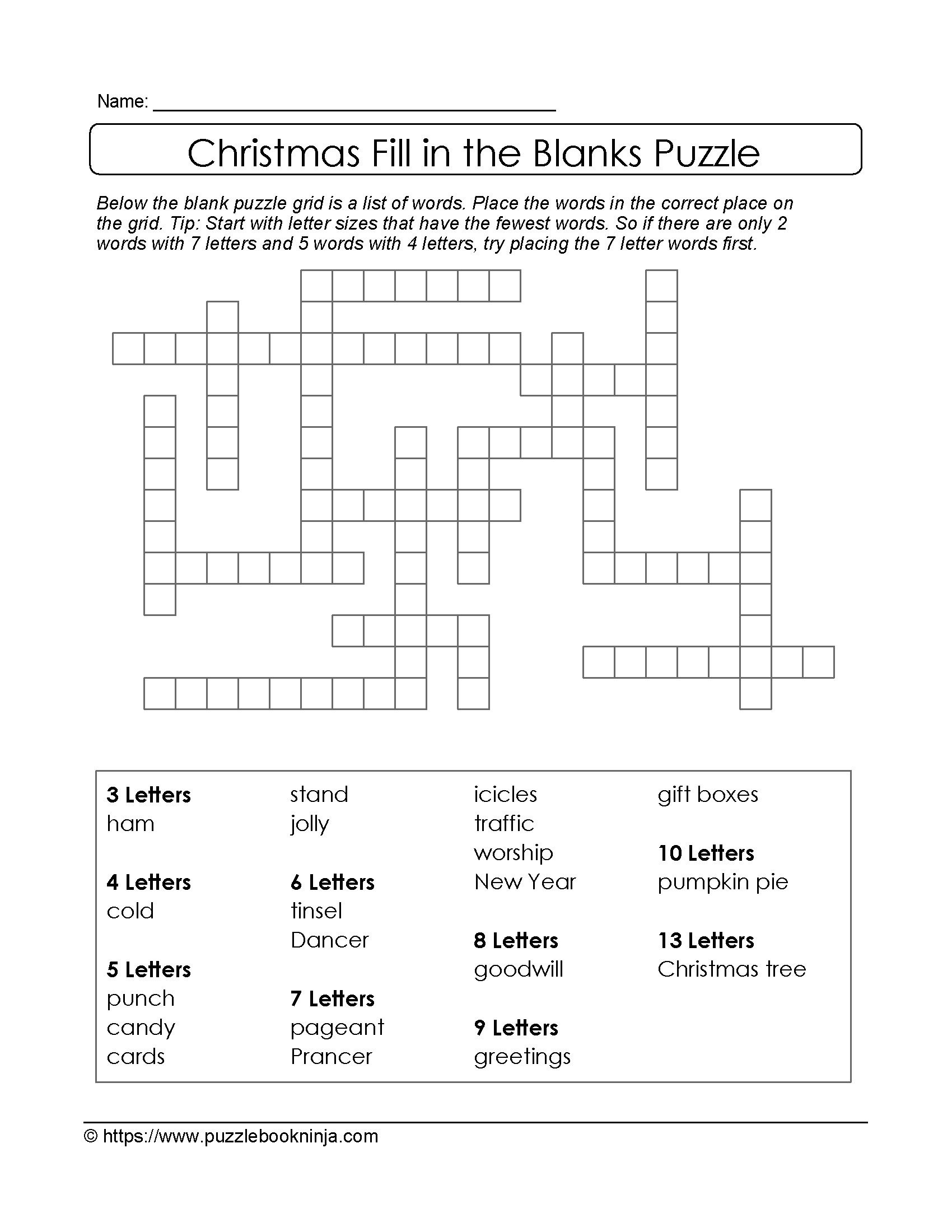 Freebie Xmas Puzzle To Print. Fill In The Blanks Crossword Like - Printable Battleships Puzzle