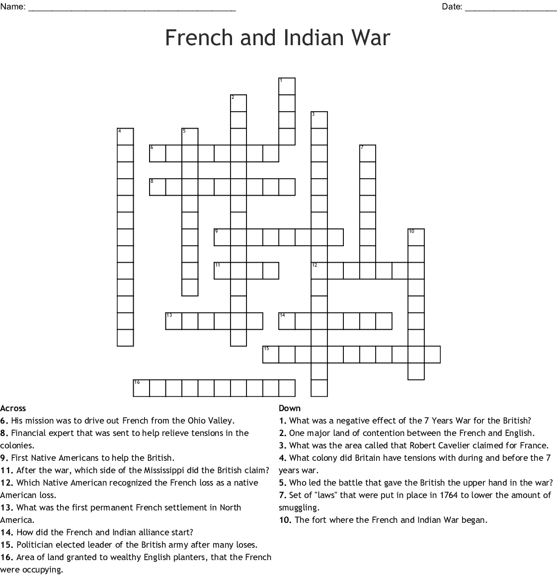 French And Indian War Crossword - Wordmint - Crossword Puzzles In French Printable