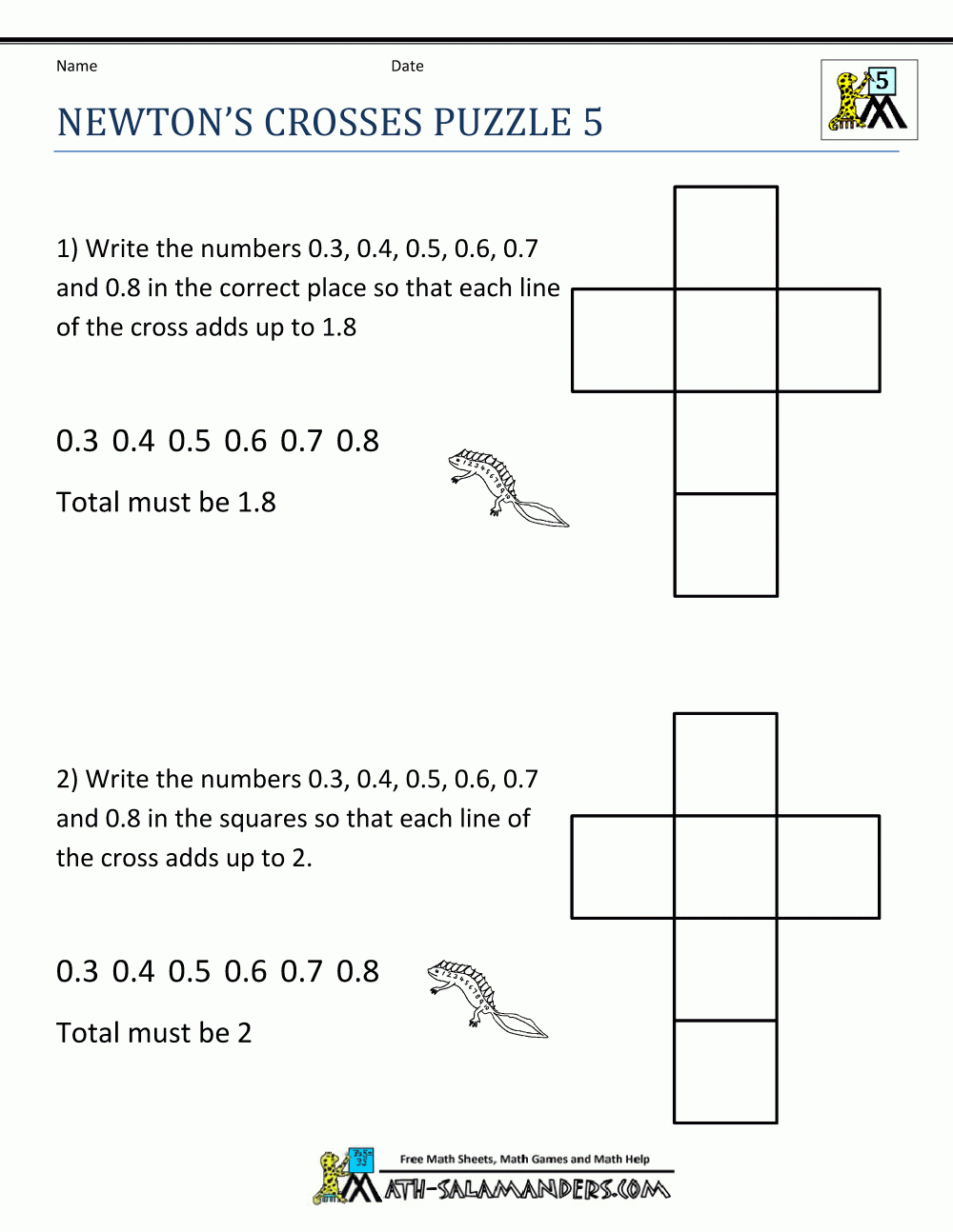 Fun Math Worksheets Newtons Crosses Puzzle 5 | Activities For Kids - Printable Math Puzzle Worksheets