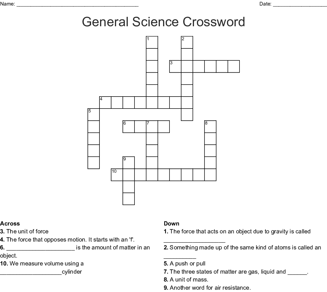 General Science Crossword - Wordmint - Printable Crossword Puzzles Science