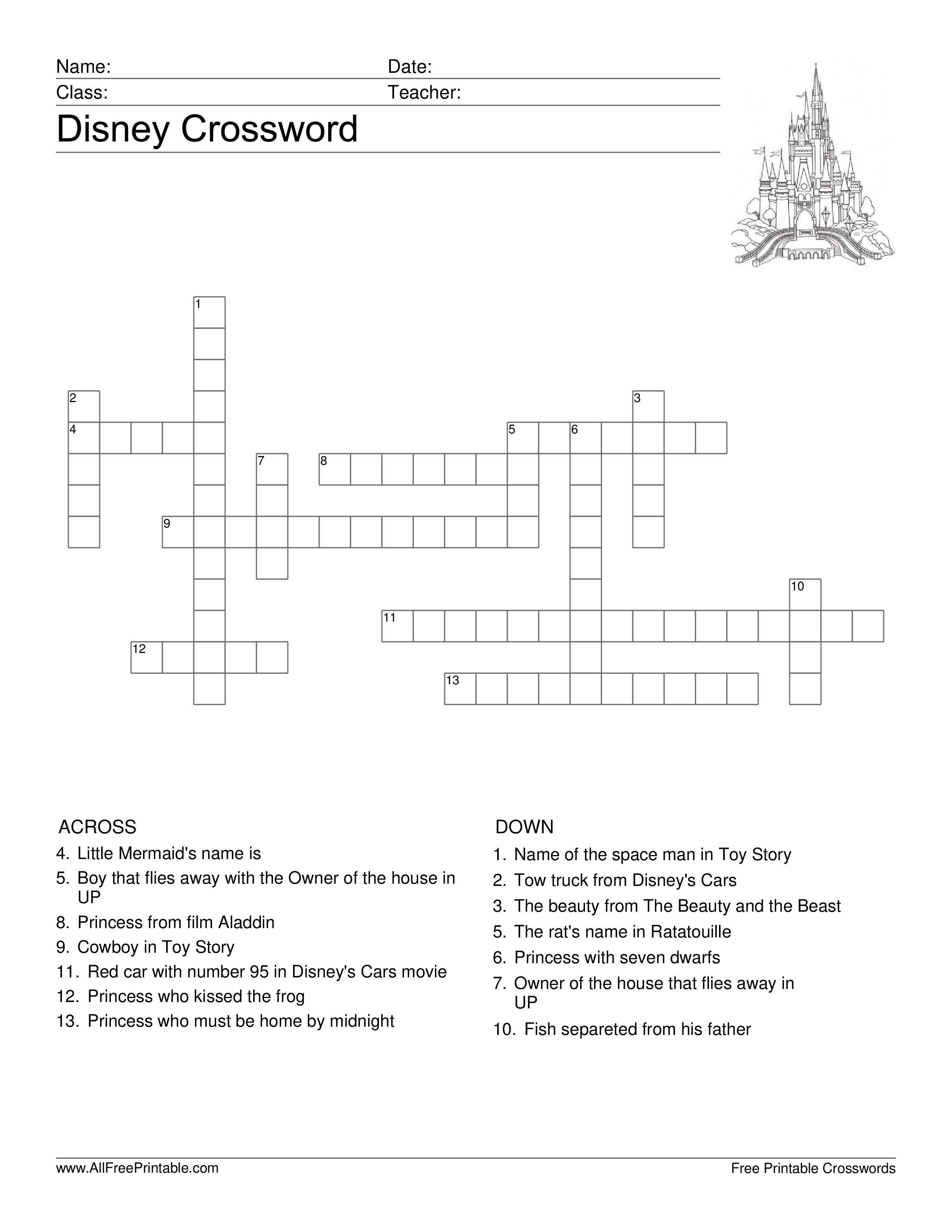 Gratis Disney Kruiswoordraadsel - Printable Crossword Disney