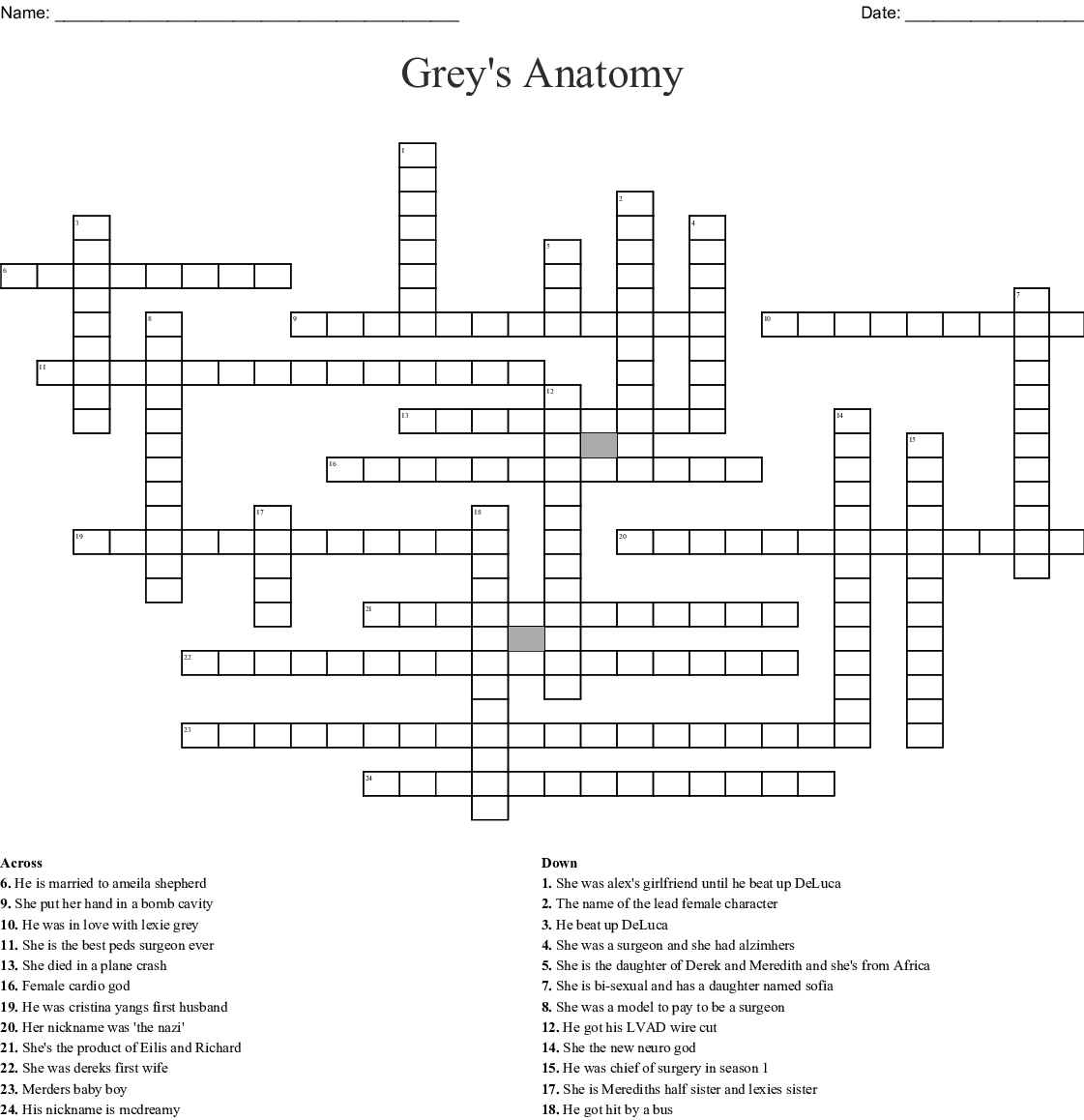 Grey&amp;#039;s Anatomy Crossword - Wordmint - Anatomy Crossword Puzzles Printable