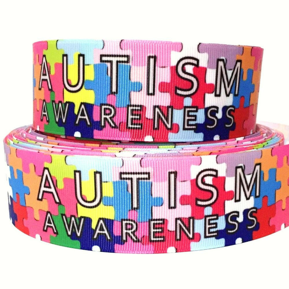 Grosgrain Ribbon 7/8&amp;quot; &amp;amp; 1.5&amp;quot; Autism Awareness Puzzle Au8 Printed - Puzzle Print Ribbon