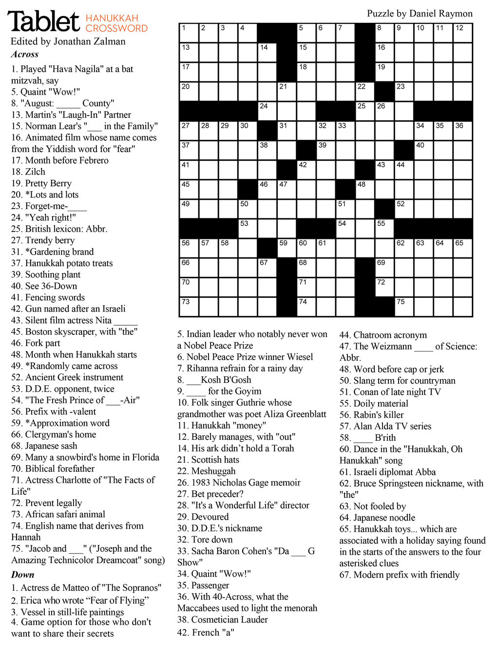 Hanukkah Crossword - Printable Crossword Clue