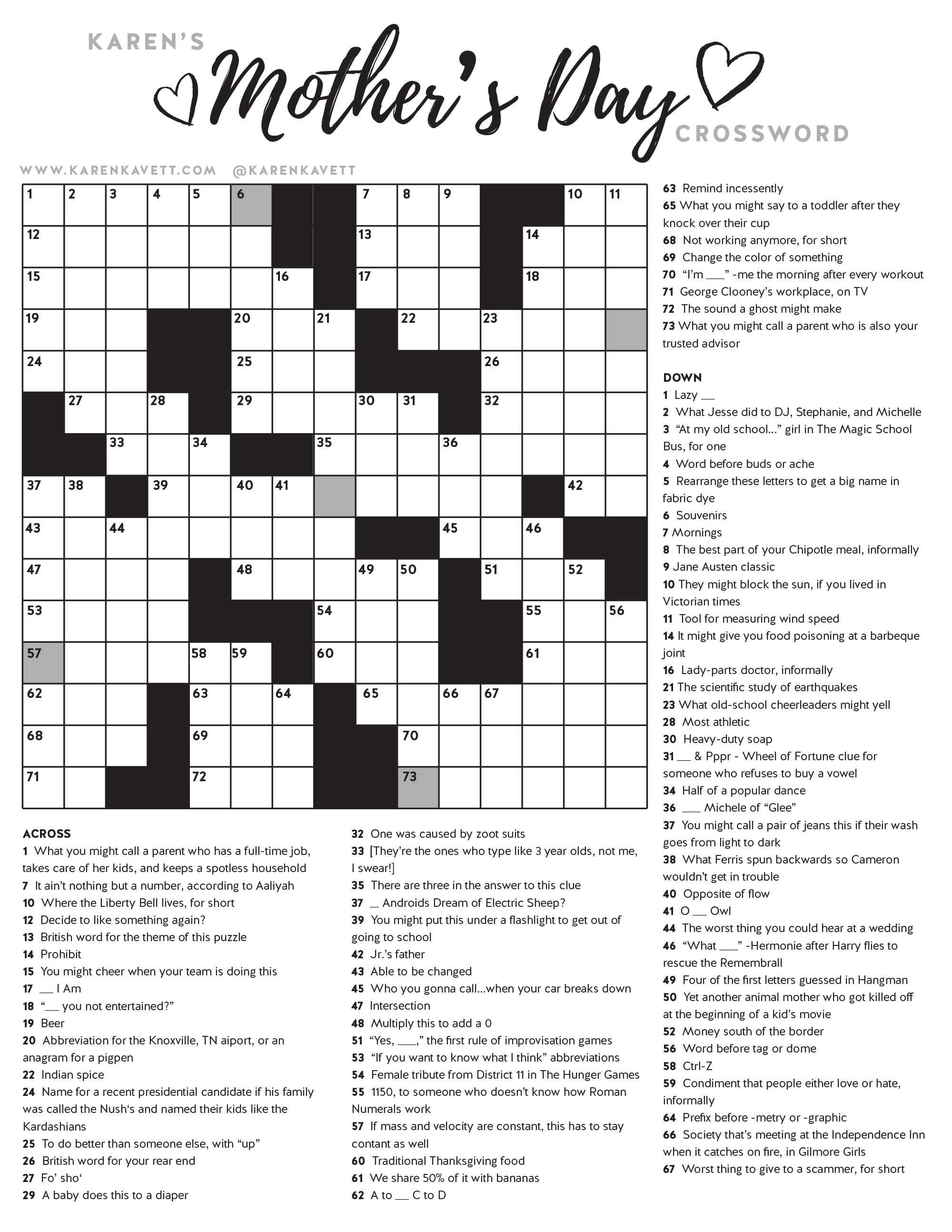 Happy Mother&amp;#039;s Day Crossword Puzzle - Karen Kavett - Printable Crossword Puzzles May 2018