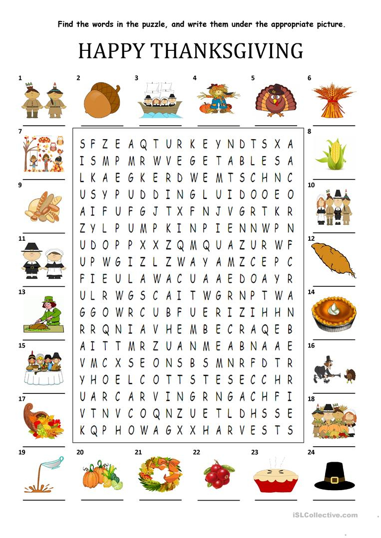 Happy Thanksgiving - Wordsearch Puzzle Worksheet - Free Esl - Printable Thanksgiving Puzzle