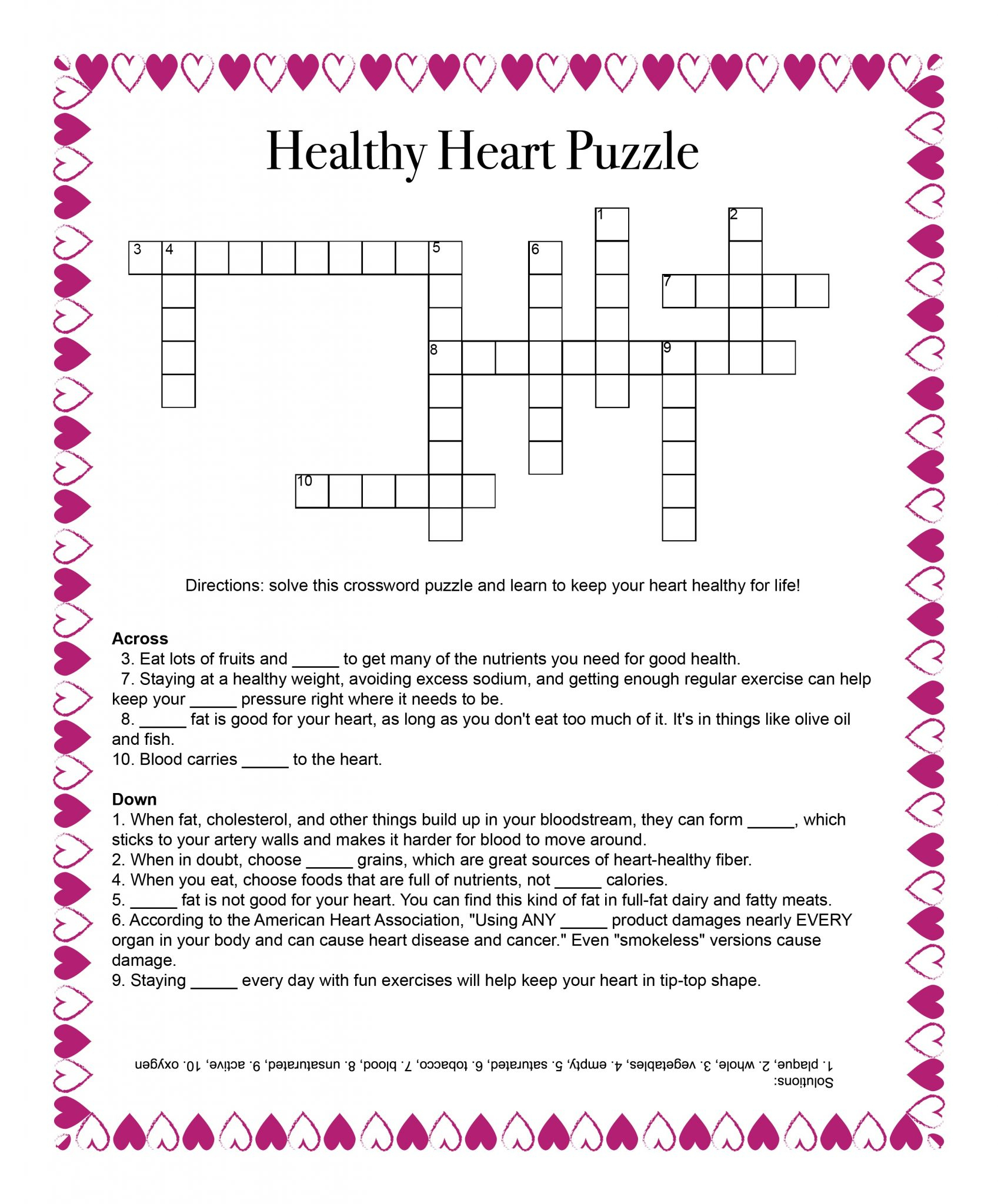 Healthy Heart Puzzle – Food And Health Communications - Printable Nutrition Crossword Puzzle