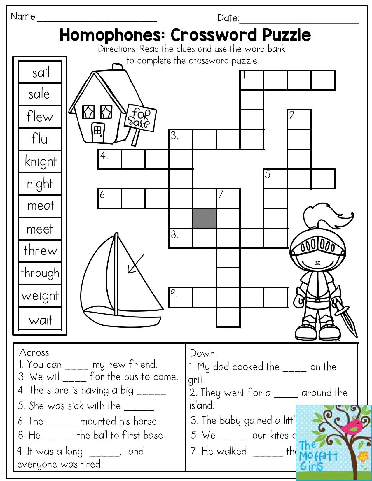 Homophones: Crossword Puzzle- Read The Clues And Use The Word Bank - Printable Crosswords Grade 3
