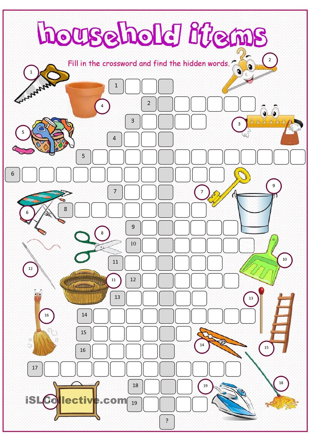 Household Items Crossword Puzzle | Esl - Vocabulary - House - Printable Esl Puzzles