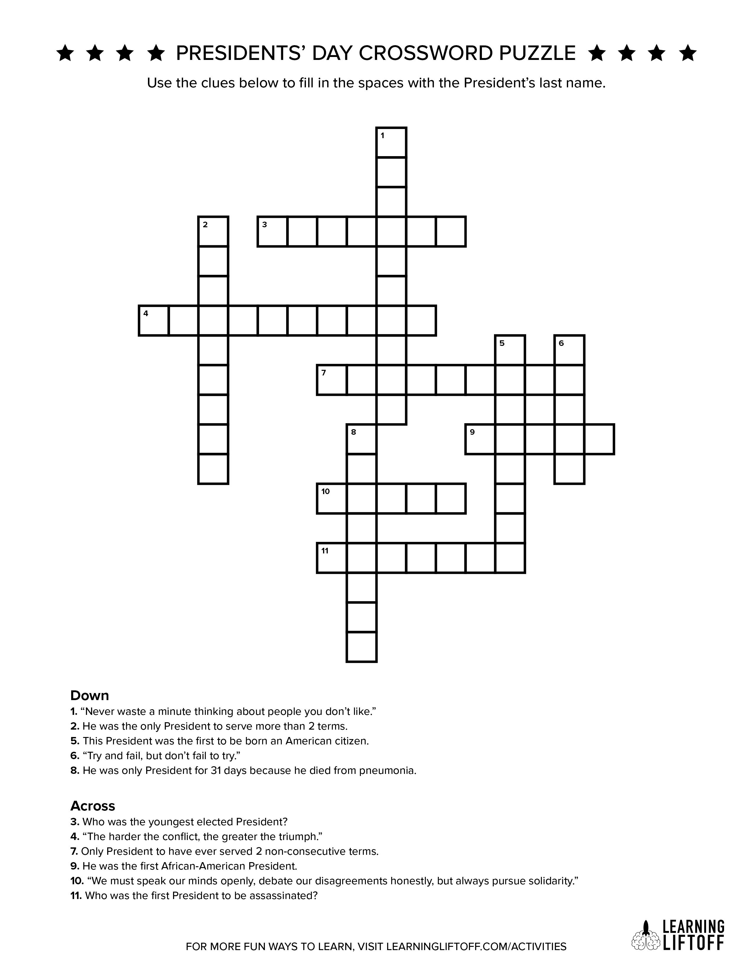 How Much Do You Know About Our U.s. Presidents? - Learning Liftoff - Presidents Crossword Puzzle Printable