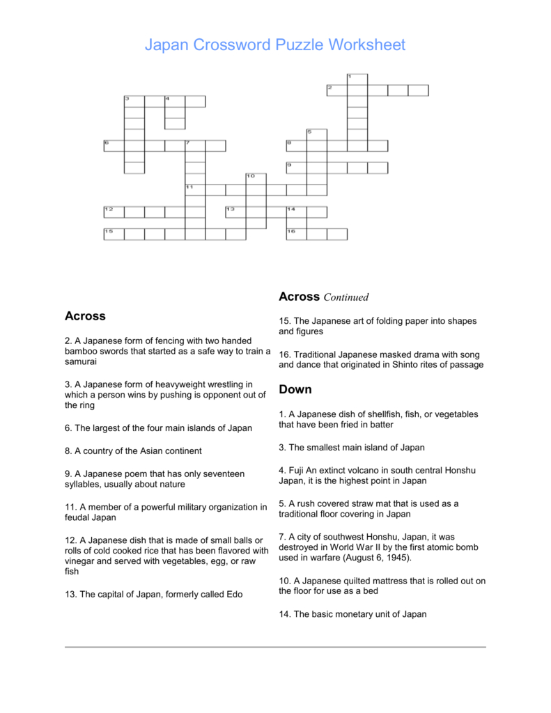 Japan Crossword Puzzle Worksheet - Volcano Crossword Puzzle Printable
