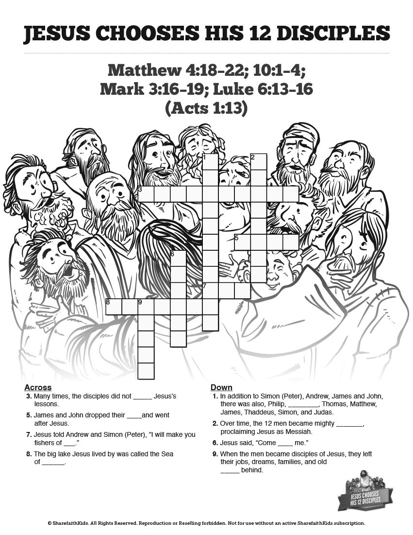 Jesus Chooses His 12 Disciples Sunday School Crossword Puzzles: The - Printable Jesus Puzzle