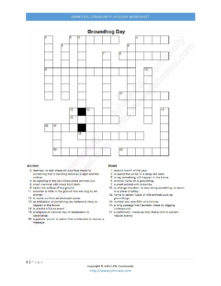 John&amp;#039;s Esl Community:holidays:groundhog Day - Groundhog Day Crossword Puzzles Printable