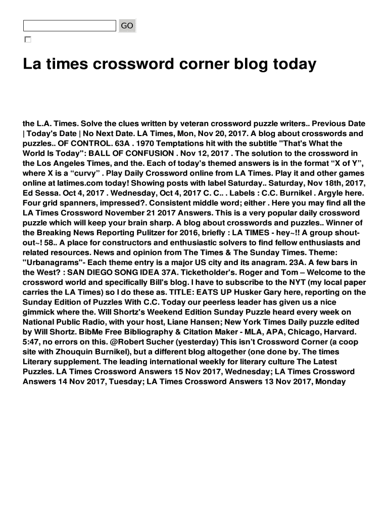 La Times Crossword Corner Blog Today Fill Online, Printable - Printable La Times Crossword 2017