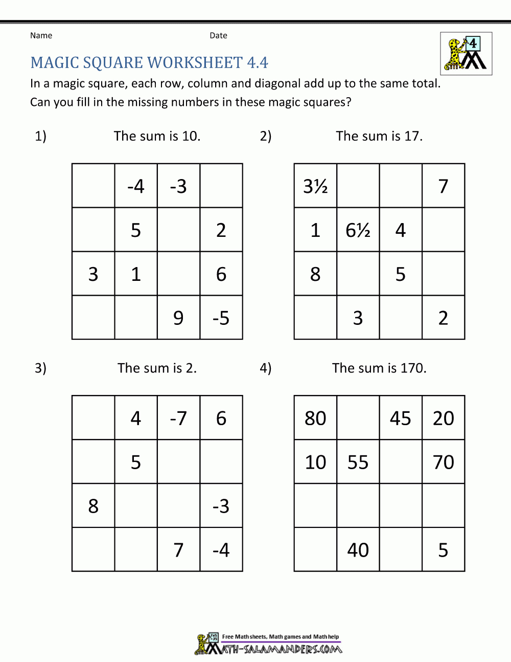 Magic Square Worksheets - Printable Puzzles 4X4