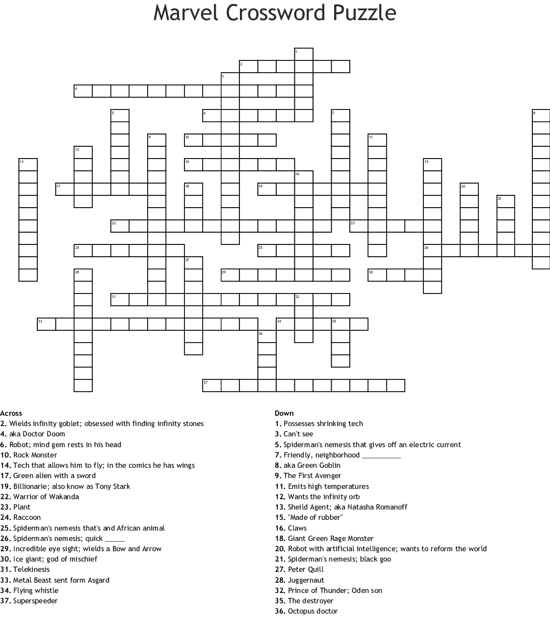 Superhero Crossword Printable Printable Word Searches