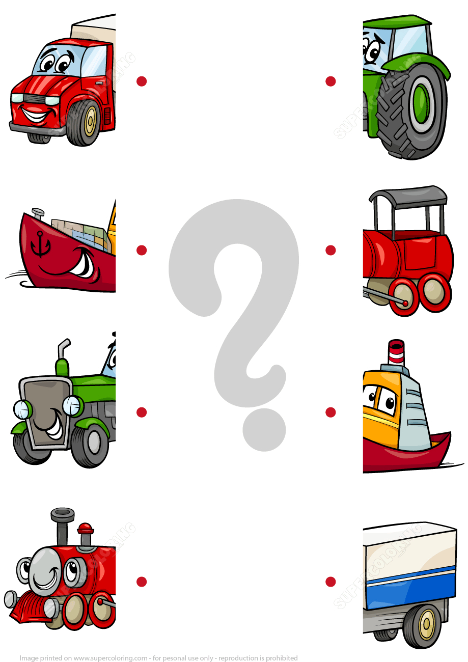 Matching Halves Worksheet With Cartoon Transport | Free Printable - Printable Transportation Puzzles