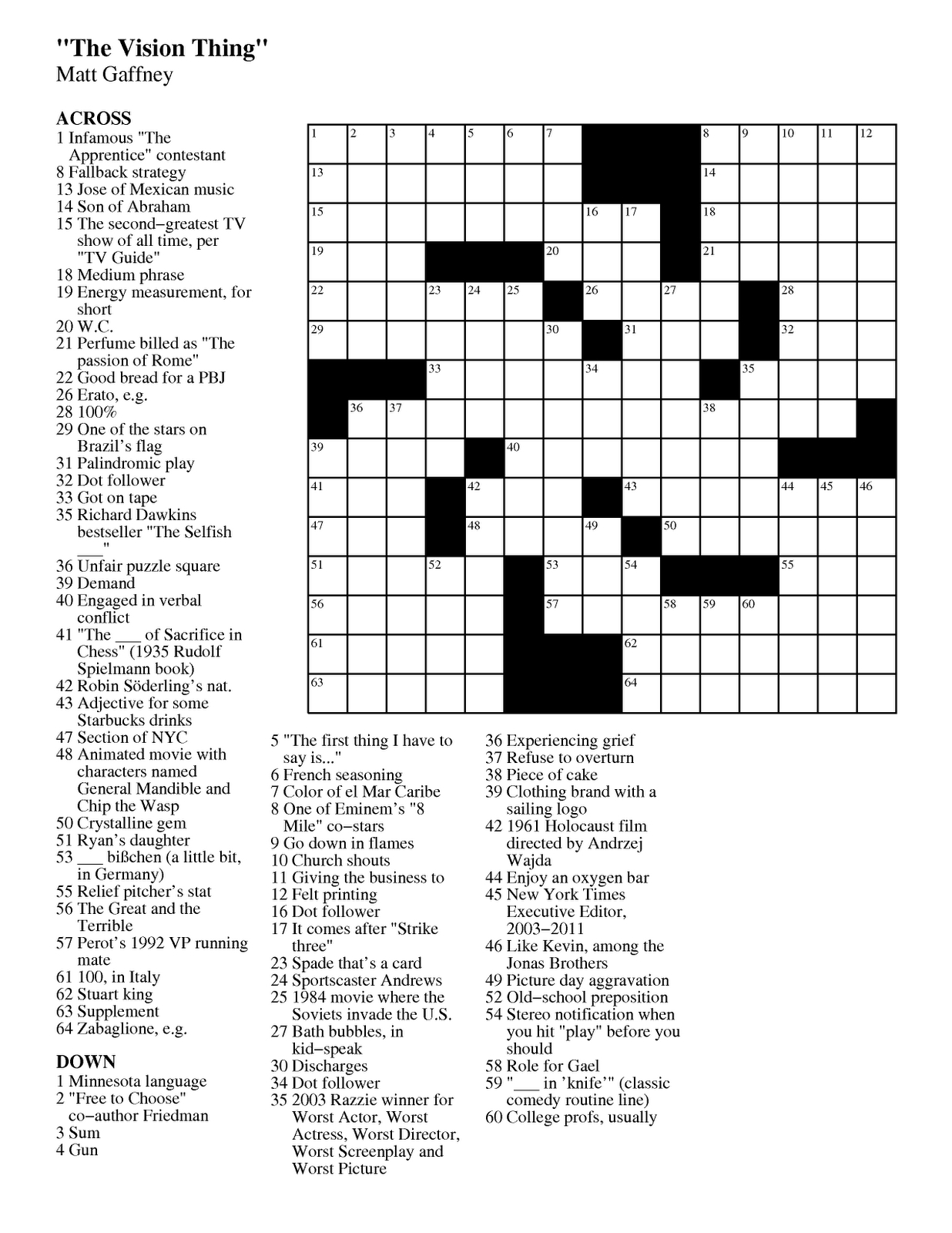 Matt Gaffney&amp;#039;s Weekly Crossword Contest: September 2011 - Printable Crossword Toronto Star