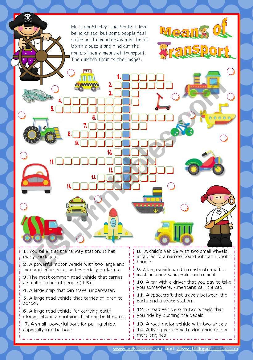 Means Of Transport Crossword Puzzle For Elementary Or Lower - Intermediate Crossword Puzzles Printable