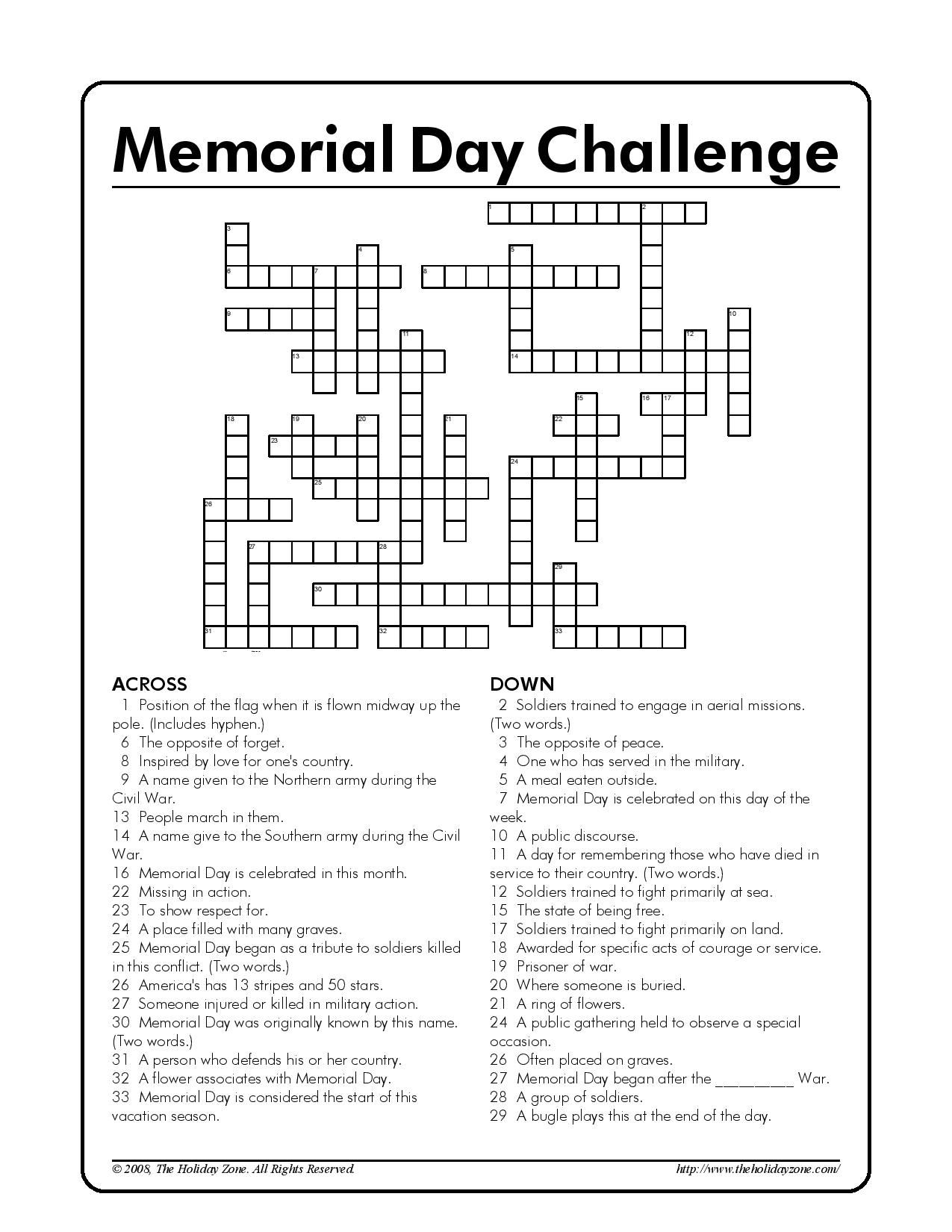 Memorial Day Kids Crossword Puzzle Courtesy Of The Holiday Zone