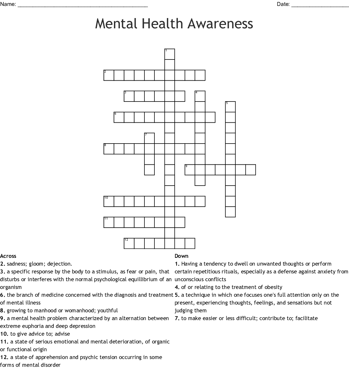 Mental Health Awareness Crossword - Wordmint - Printable Mental Health Crossword Puzzle