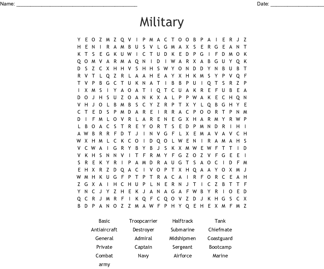 Military Word Search - Wordmint - Printable Military Crossword Puzzles