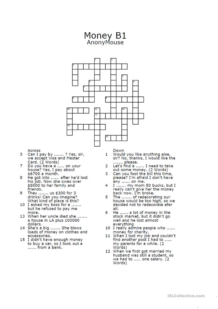 Money Crossword Puzzle Worksheet - Free Esl Printable Worksheets - Printable Crossword Puzzles Money