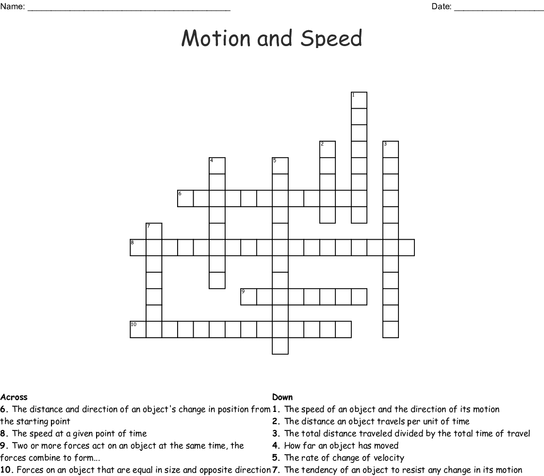 Motion And Speed Crossword - Wordmint - Printable 2 Speed Crossword