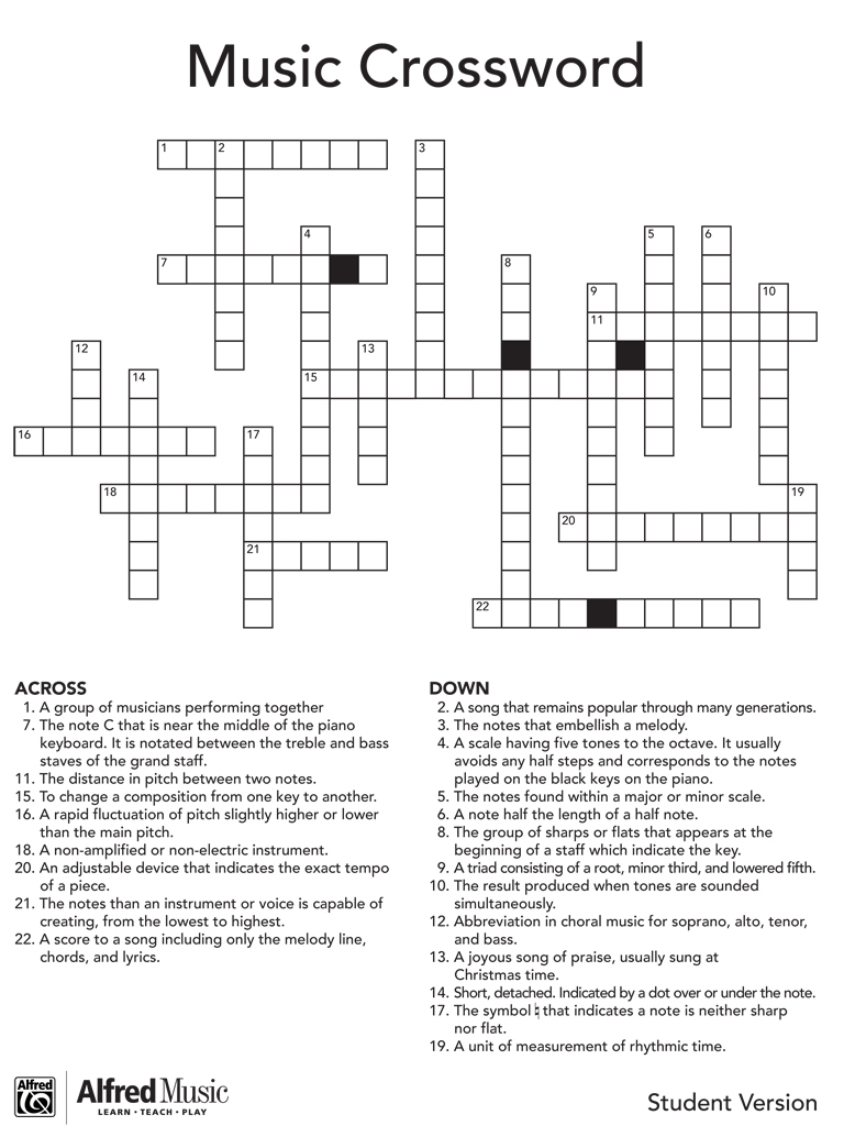Music Crossword Puzzle Activity - Printable Teenage Crossword Puzzles