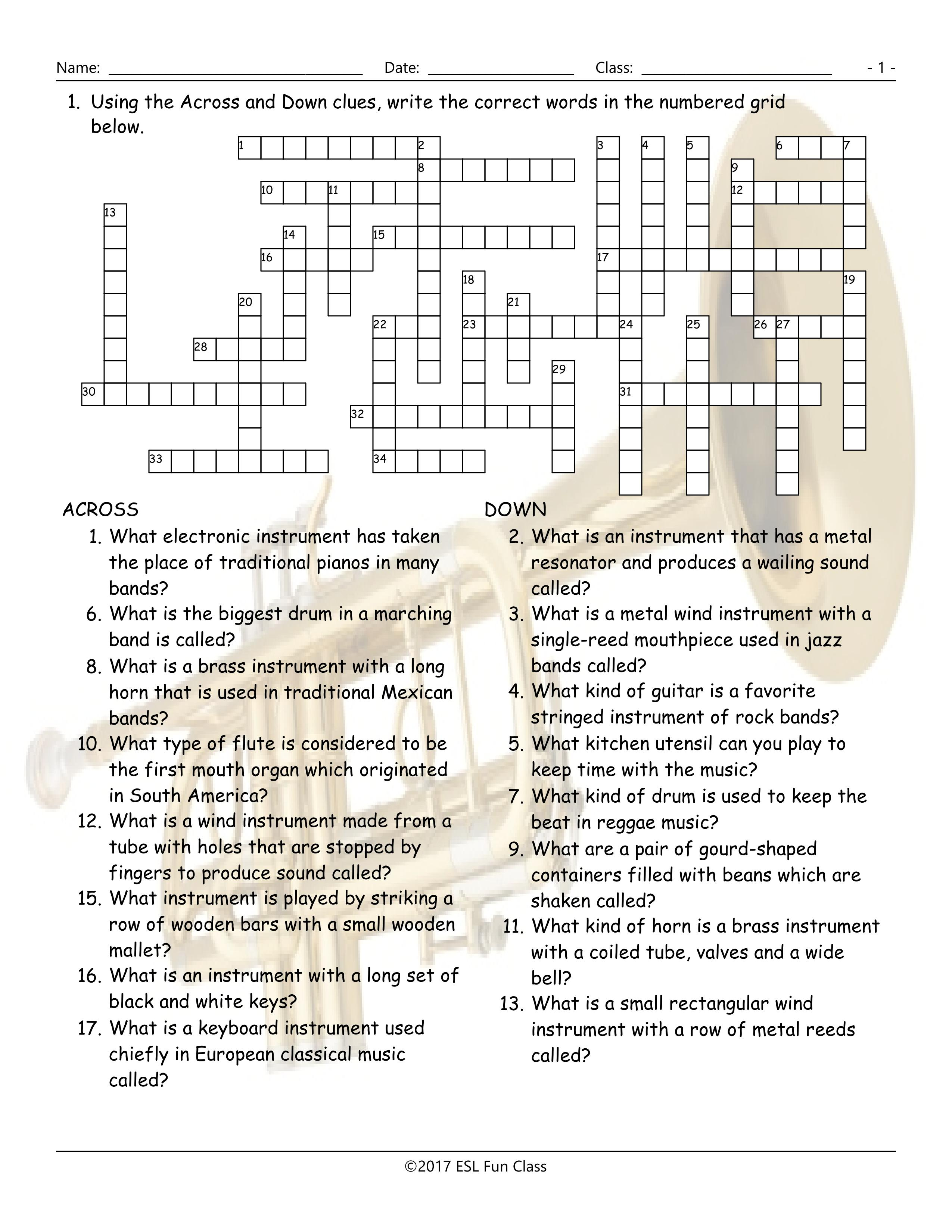 Musical Instruments Crossword Puzzle Worksheet-Esl Fun Games-Have Fun! - Printable Esl Crossword Worksheets