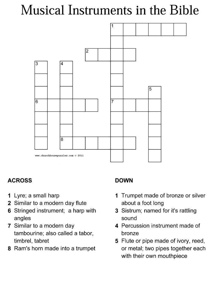 Musical Instruments In The Bible Crossword With Answer Sheet - Bible Crossword Puzzles Printable