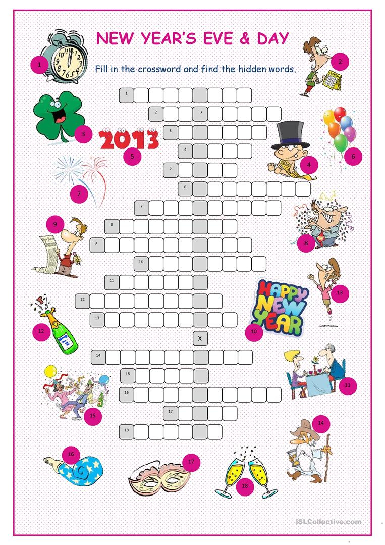 New Year&amp;#039;s Eve &amp;amp;day Crossword Puzzle Worksheet - Free Esl Printable - New Year&amp;amp;#039;s Printable Puzzles