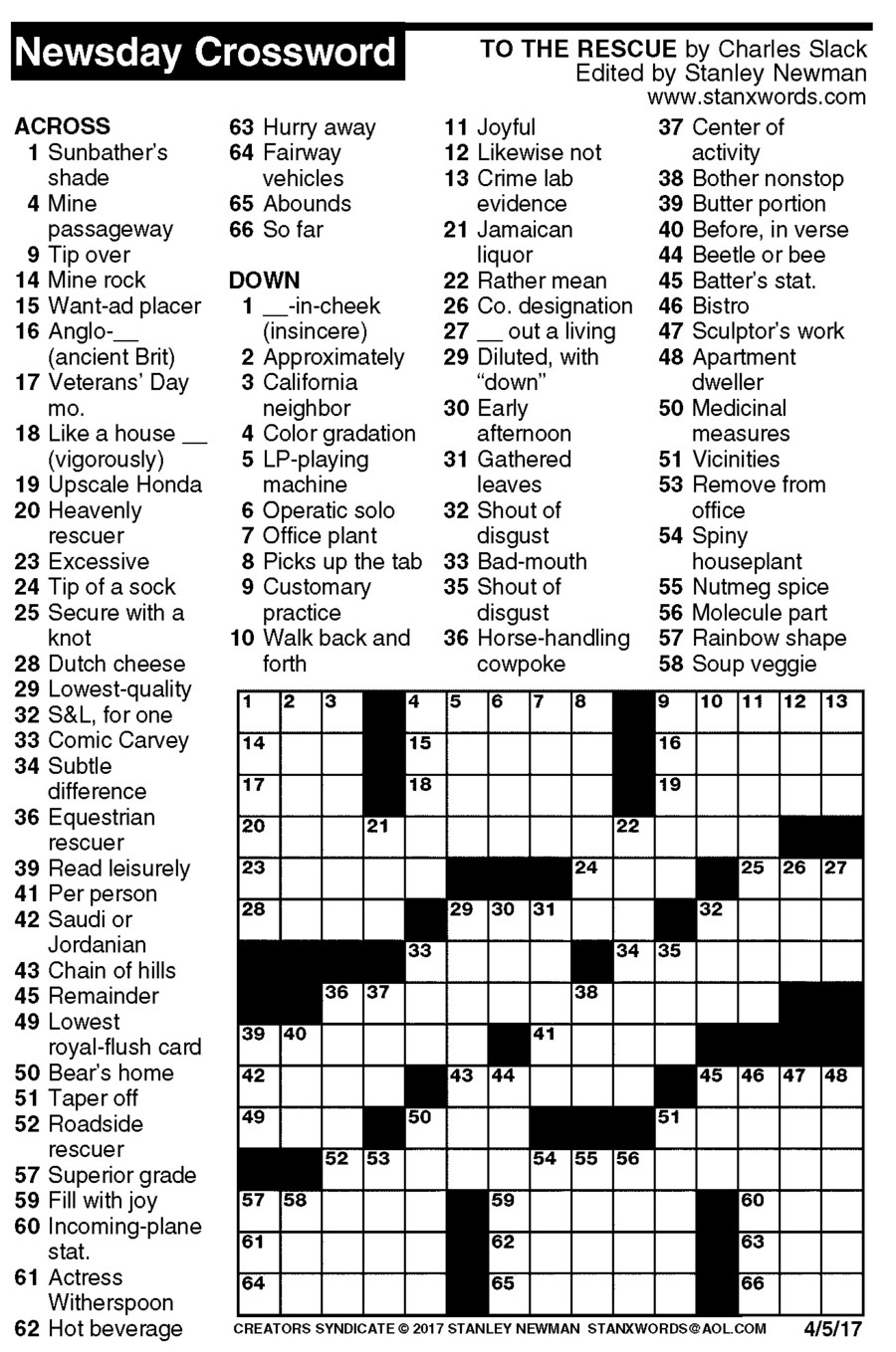 Newsday Crossword Puzzle For Apr 05, 2017,stanley Newman - Printable Crossword Puzzles Newsday