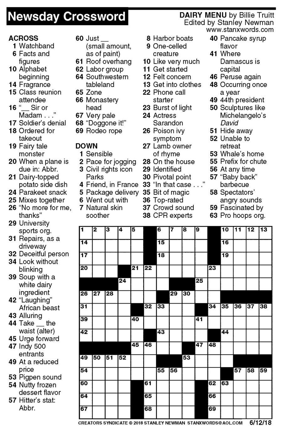 Newsday Crossword Puzzle For Jun 12, 2018,stanley Newman - Printable Crossword Puzzles Newsday